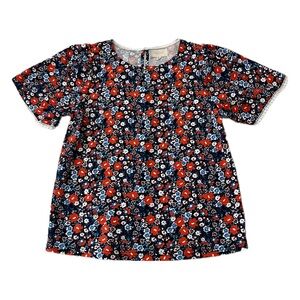 Melloday Navy‎ and Red Floral Pull On Short Sleeved Blouse